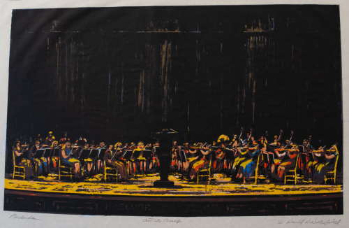 Print depicting a loose figurative scene of an orchestra performing on a stage. Image dark with pops of vibrant color.