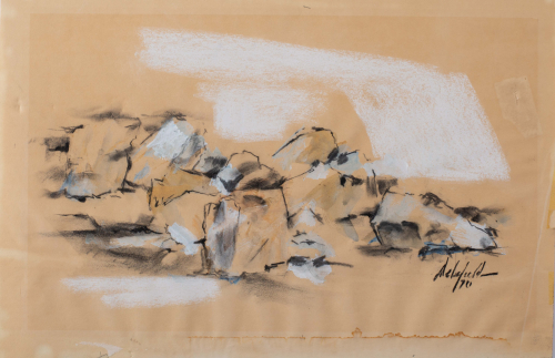 A loose mixed media drawing of an array of rocks, mostly in middle ground and depicted in grey, black, and white. 