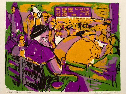 A yellow, purple, green, white, and black print of people gathered at a race track. Done in an abstracted loose style. 