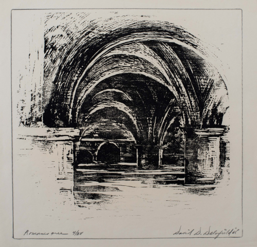A depiction of a series of Romanesque arches in an interior in dark black ink.
