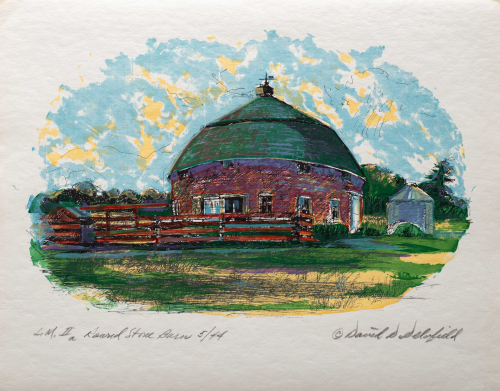A color illustration of a round barn with vent atop the green roof, and grain bin in the background to the side.  