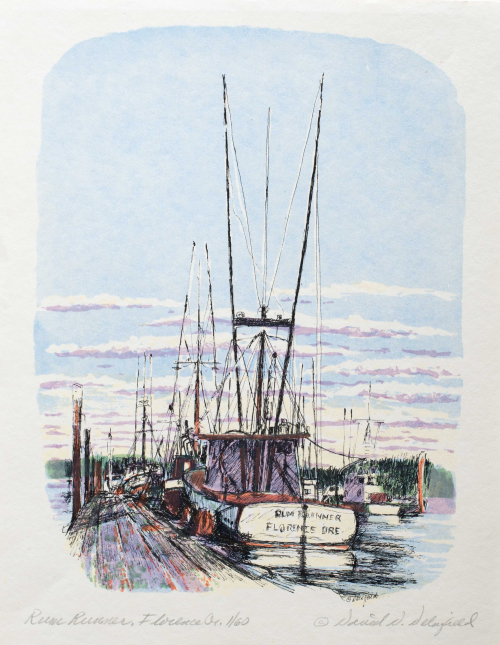 A color illustration of a row of boats ported at dock, with the most prominant in view is "Rum Runner"