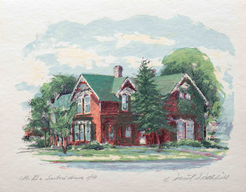 A color illustration of a many-gabled red brick building with a green roof and an evergreen tree in the foreground