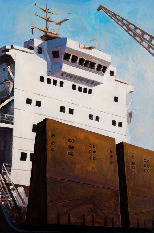 Panel #1 of a triptych that depicts machinery in a shipyard, bright blue sky with small orange-pink clouds
