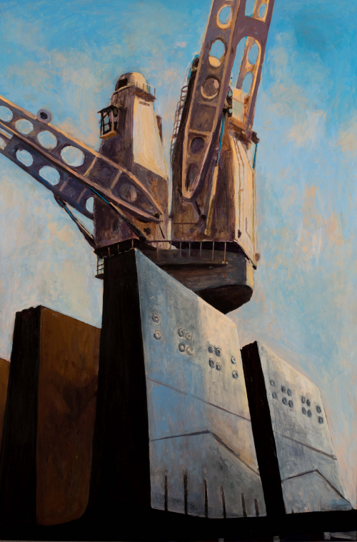 Panel #2 of a triptych that depicts machinery in a shipyard, bright blue sky with small orange-pink clouds