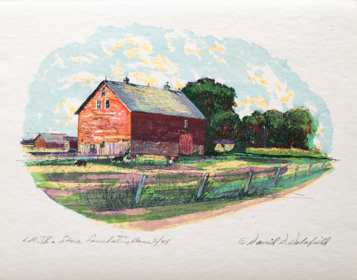 A color illustration of a barn in 3/4 view set back in a field with a grove of trees behind, and cattle in front.