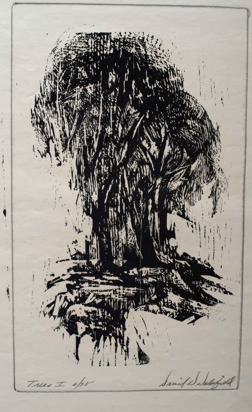 An abstracted depiction of a stand of trees. The artist has hand-drawn in a border around the image