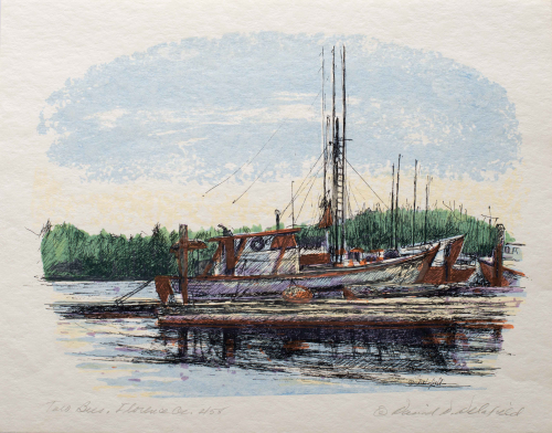 A color illustration Docked boat in profile (side view), with dock in foreground, and vegitation in background