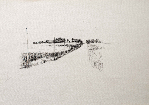 A loose drawing of a rural landscape with a road running into the distance.