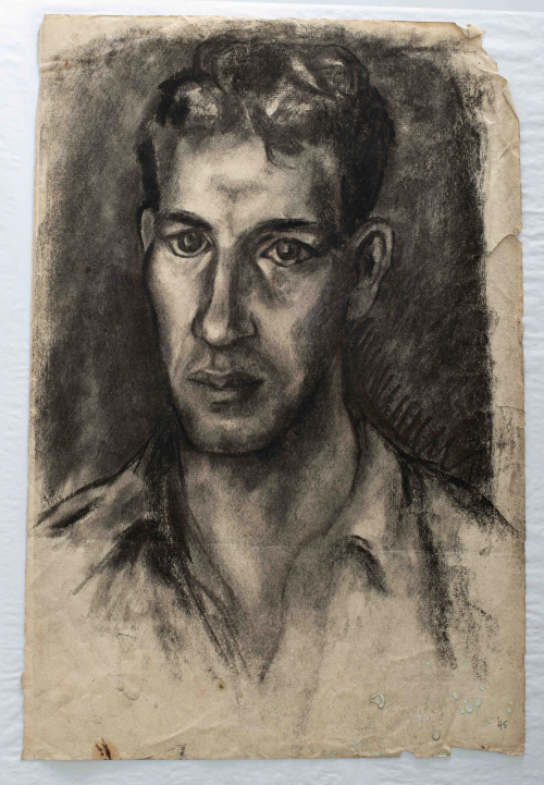 A self portrait on thin paper of the artist at what appears to be a younger age.