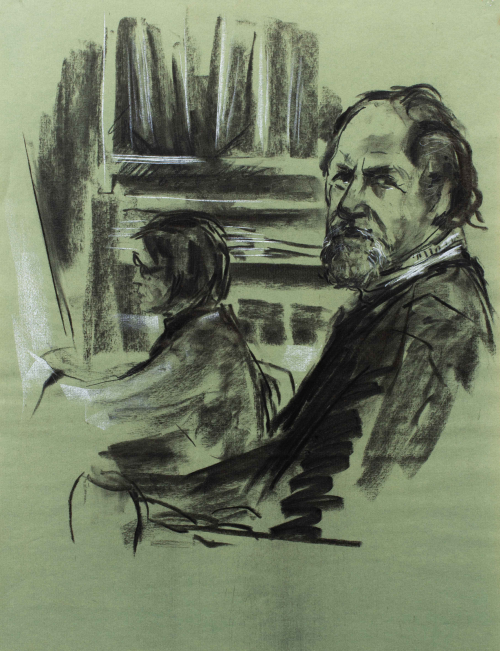 A loose style drawing of a bearded man looking at the viewer another figure sits in the background looking in another direction.