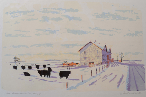 Screenprint of an Iowa winter pastoral scene. Composition consists mainly of blues, purples, yellows, oranges, and blacks.