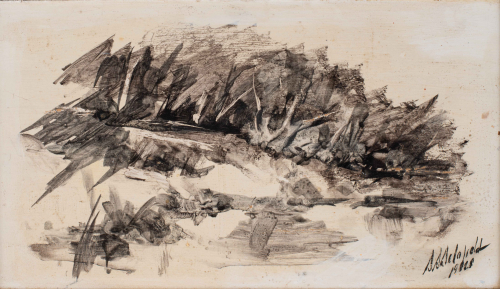 black gestural depiction of trees on a bank or hillside on off-white background