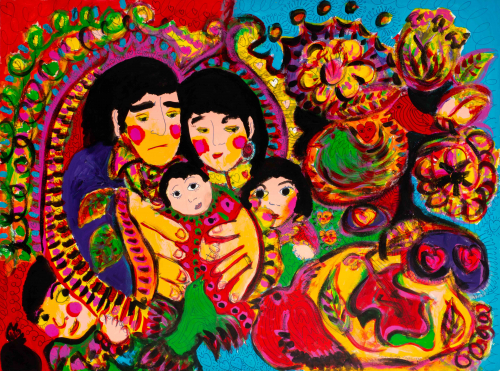 bold and vibrant colors depict an adult male and female and smaller individuals, the male's enlarged hands embrace small child. 
