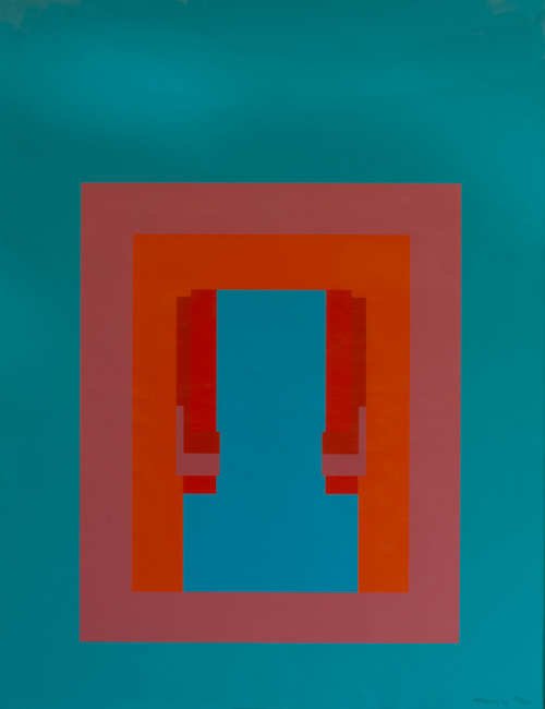 Turquoise background with mauve and orange interlocking shapes