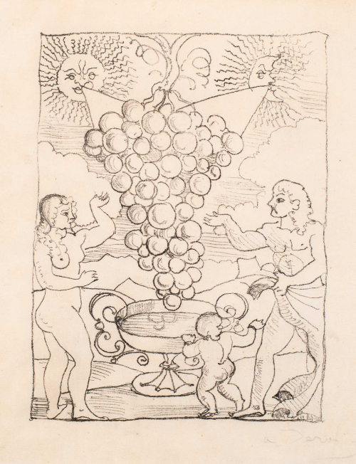 Symmetrical vertical image of a standing man and woman separated by a large bunch of grapes "blown" by the sun and the moon