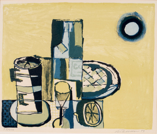  three glasses and a lemon on table with a sun in upper-right corner.  Colors are values of blue with a yellow-green