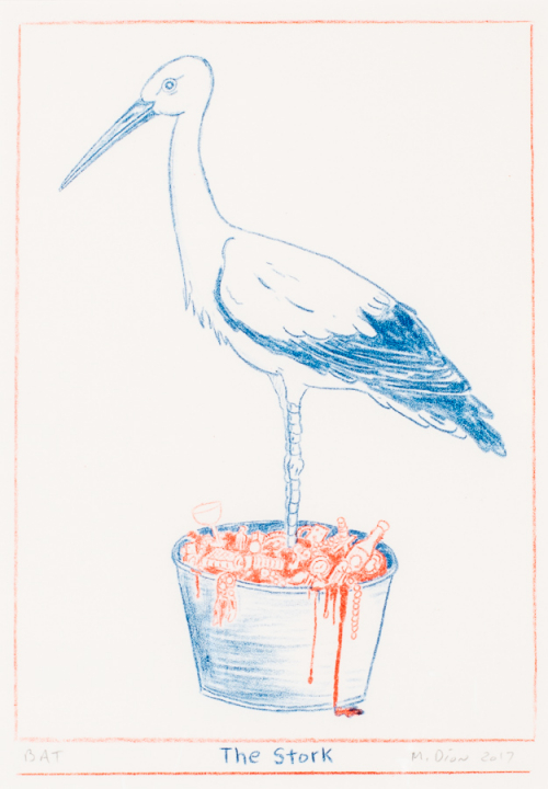 Line drawing of a stork in a bucket which are dark blue, the contents of the pail and a border are red