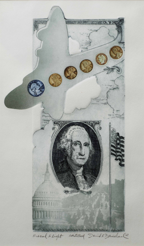 Vertical composition featuring images from U.S. currency, George Washington in the lower part and a row of coins 