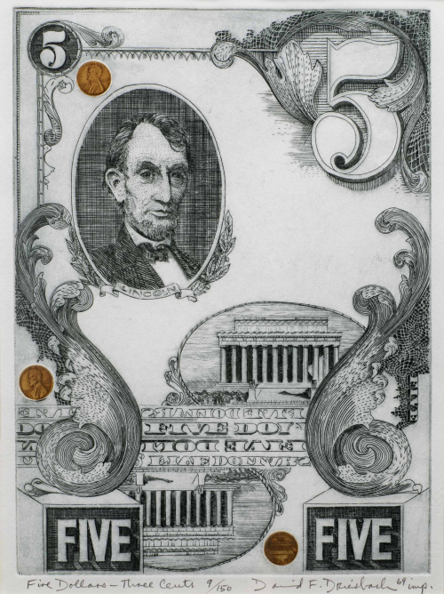 A vertical composition featuring images from U.S. currency, especially the five dollar bill.