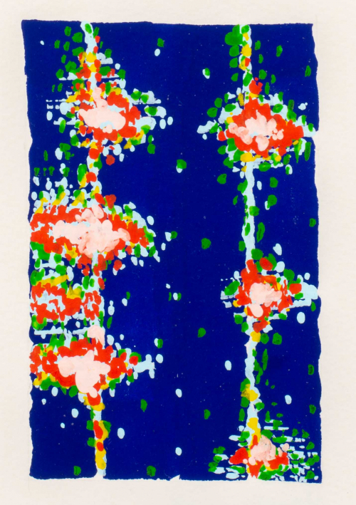 non-representational composition in blues, reds, and greens with 2 strong vertical lines