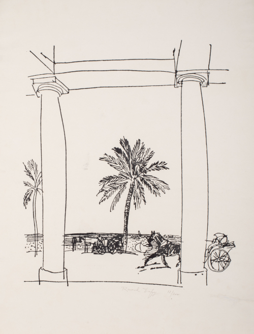 Black and white; Two large columns in foreground. Two palm trees in background with horse and cart passing by.