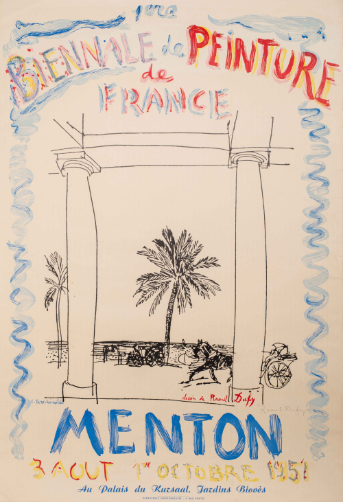 palm trees; beach; ocean; two horse-drawn buggies; framed by two pillars; blue, red, yellow paintbrush writing along outside