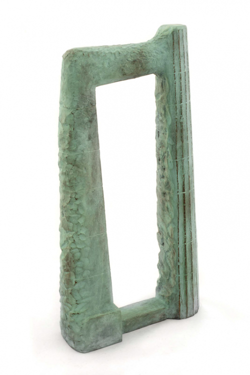 Green arch-like form. Model for large post-and-lintel sculpture on Kamerick Art Building lawn