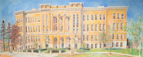 Lang Hall building exterior in sunlight drawn with oblique perspective in colors of peach, orange, and blue.