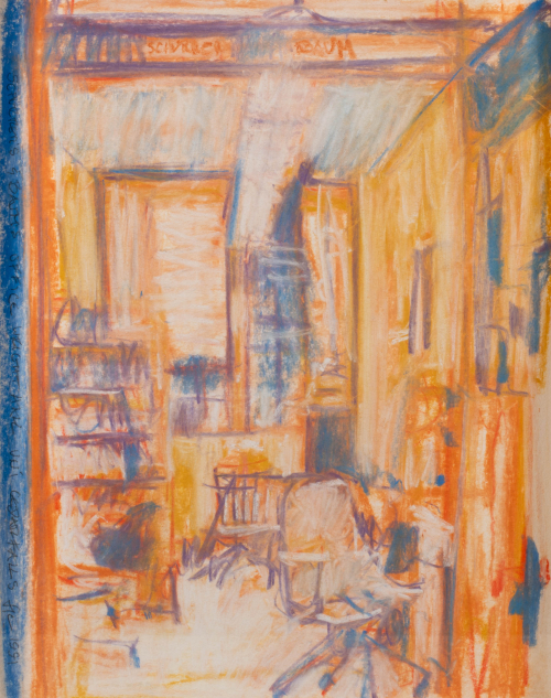 Office interior in colors of orange and blue