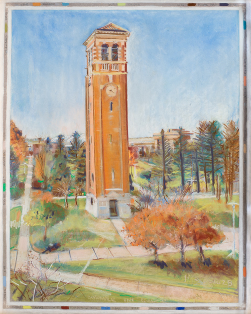 Mid-level view of university bell tower with colors of orange, brown, green, and blue.