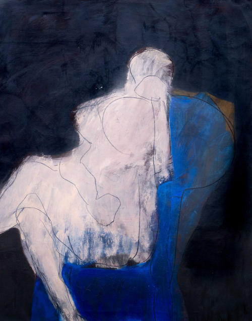 abstract painting with lots of texture; pale figure drawn in a linear style, on a blue chair, dark blue-black background