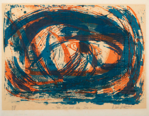 Non-objective print; brushy painterly swirls of orange and blue color