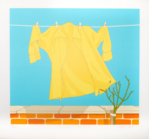 Yellow shirt on white clothesline torn by a green and brown thorny plant. Hangs over a brick wall in front of a blue background
