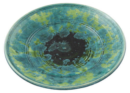 large reduction-fired, crystalline glazed platter in greens and blues