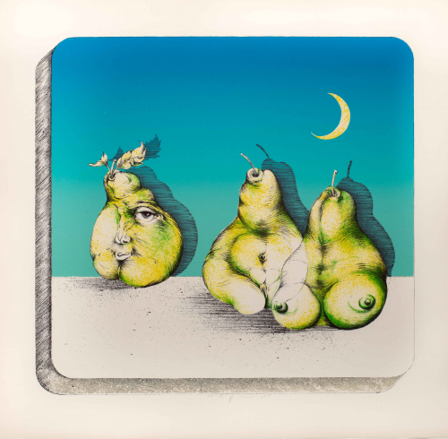 Three green pears in front of blue sky with moon, left one has a face, center has abdominal and pubic area, right has breasts.