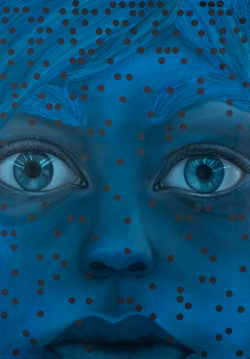 A close-up depiction of a polka-dotted female face in black, white, and deep blue