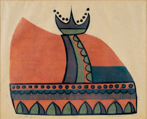 Geometric form in orange, blue, green and black with a crown-like image at the top
