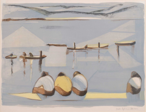 three main figures in foreground and six boats in lake