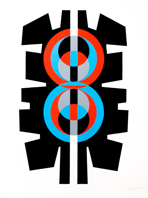 Central black geometric shape, in middle are two blue and red circles intersecting with smaller circles inside