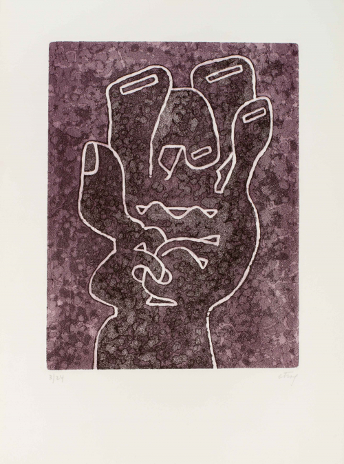 Violet / black ground with abstract line drawing (in off-white) of hand