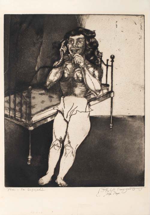 Black and white depiction woman in underwear with telephone in foreground and a bed with posts in background.