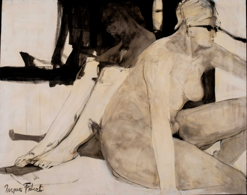 two nude women sitting with their legs bent in front of them; the woman closest to the viewer is looking toward the right