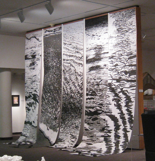 A five panel drawing installation hung like scrolls side-by-side.