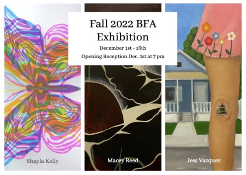 The front of the Fall 2022 B.F.A. Group Exhibitin postcard.