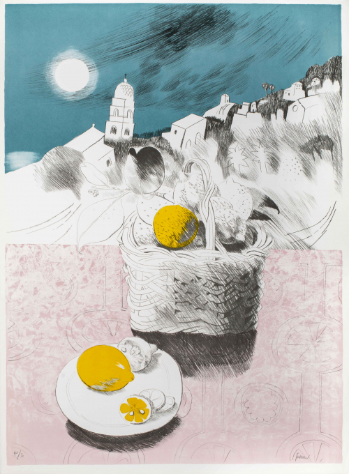 Lemons on a plate and in a basket. The lemons are on a pink table cloth. In background houses, blue sky and moon
