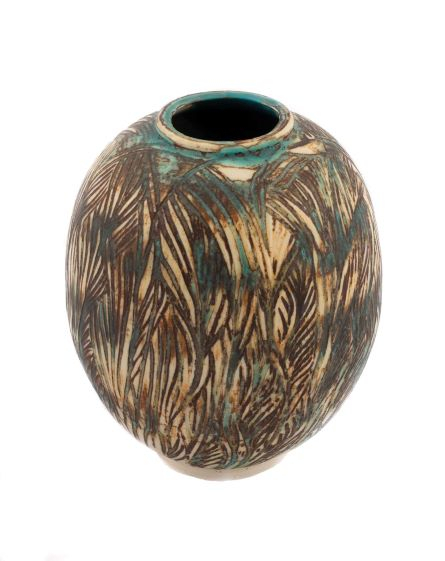 small egg-shaped vase with deep incisions that look like foliage, white ground with teal green and brown glazen