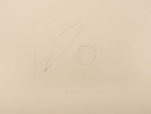 Thin line drawing depicting a cup and quill