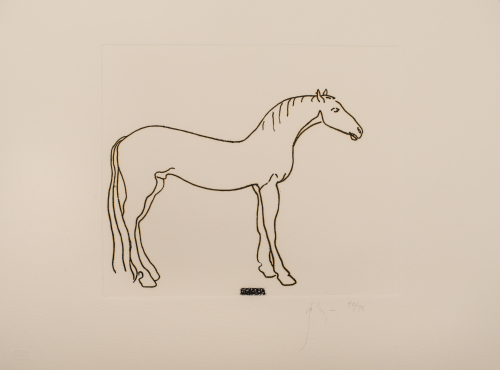 Minimal line print of a side view of a horse; black smear on lower edge. 