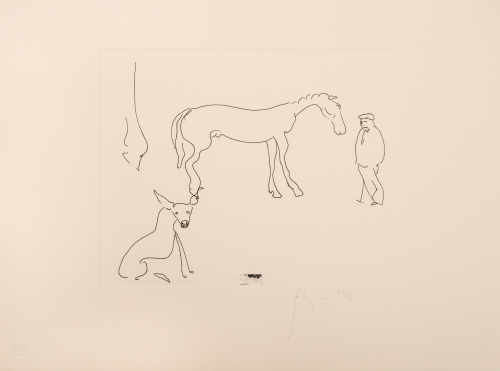 Minimal line print of a man, mare, lower horse leg, and a dog; smear in the center of print on lower edge